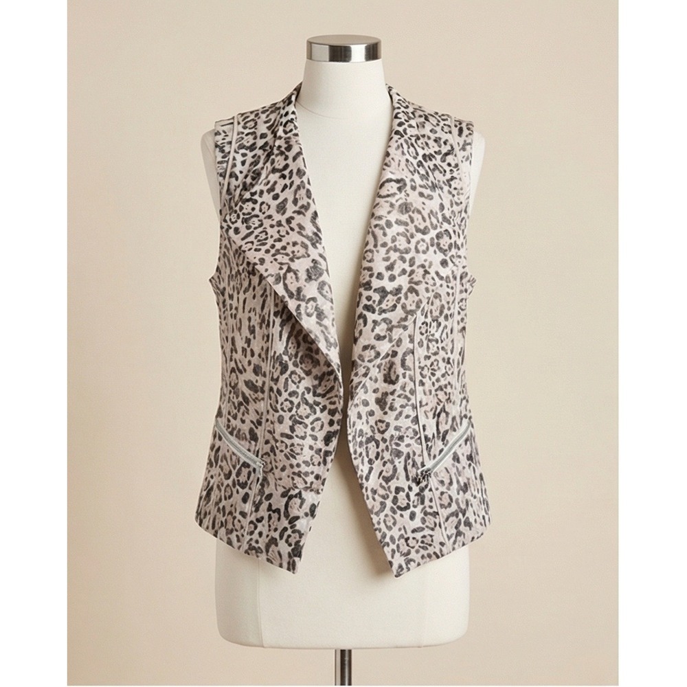 Chico's 4 Leopard Print Open Linen Blend Front Moto Vest Tan XXL Sparkly Safari